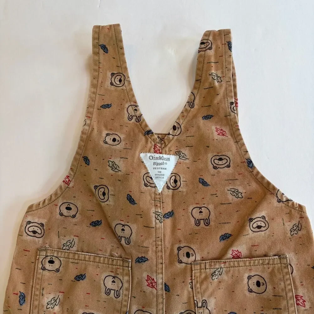 Vintage 2000s Oshkosh Overalls Woodland Forest Animals Leafs Tan Print 24 Months